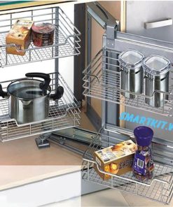 GÓC LIÊN HOÀN ĐAN Ô VUÔNG INOX 304 MỞ TRÁI VÀ PHẢI RAY GIẢM CHẤN KHUNG SƠN TRẮNG